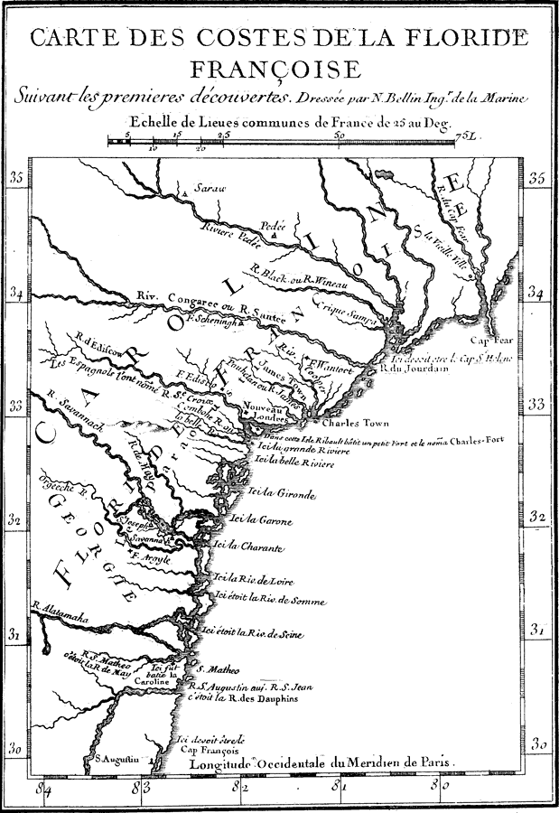 A map of French Florida, titled “Carte de Costes de la Florida Françoise” shows the eastern seaboard from South Carolina to North Florida. The map is black and white and shows many of the rivers in the area as well as some early colonies.