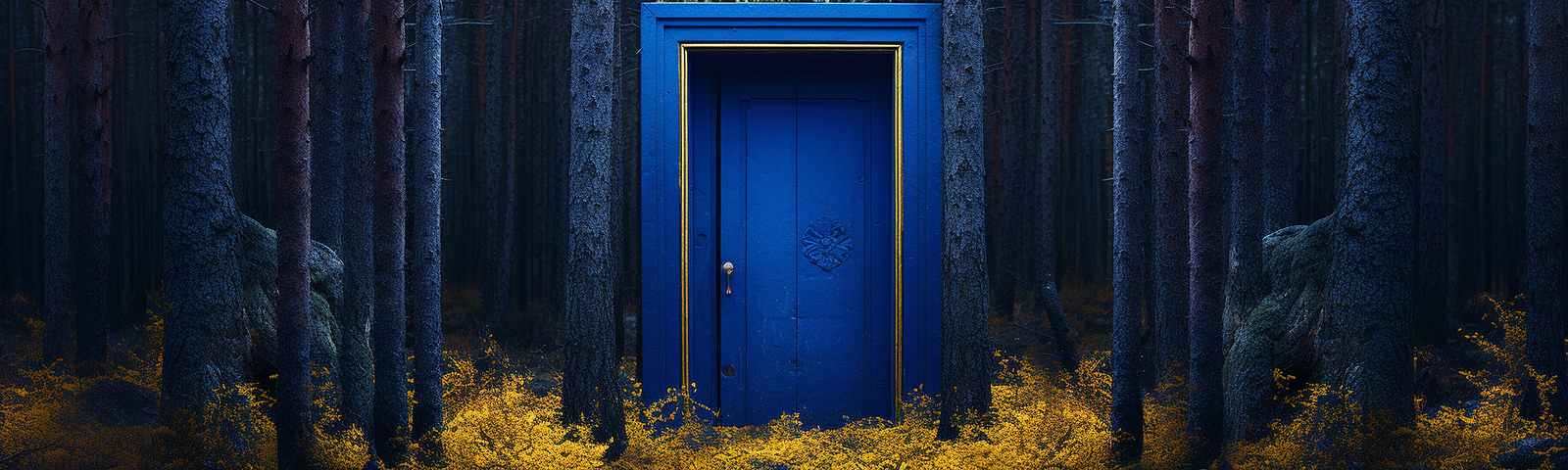A blue door with a golden trim, alone in a dark wood.