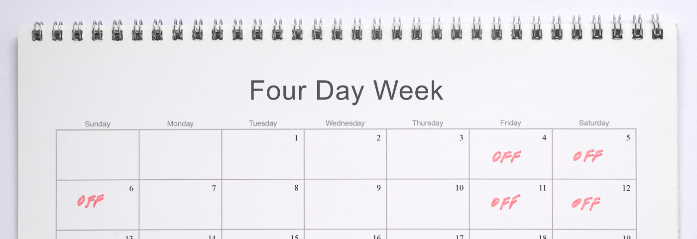 Calendar showing a four-day workweek and a three-day weekend each week for a month.