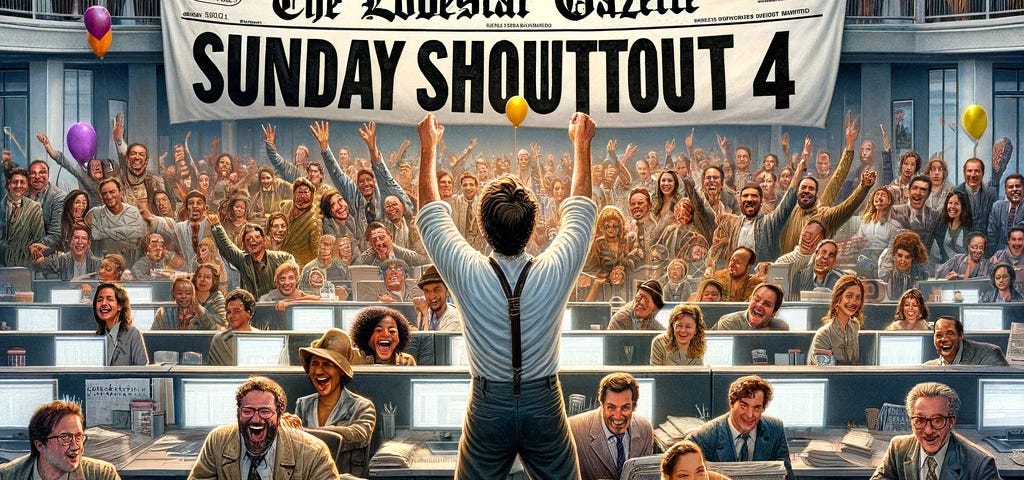 Vibrant LODESTAR GAZETTE team celebrates Sunday Shoutouts Week 4 in decorated newsroom, showcasing unique faces and joyous camaraderie around a headline.