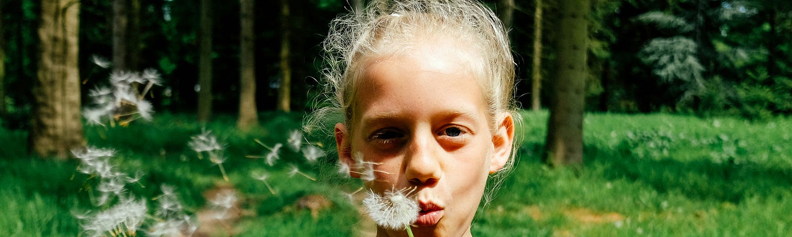 Young girl blowing on a dandelion clock in front of a forest