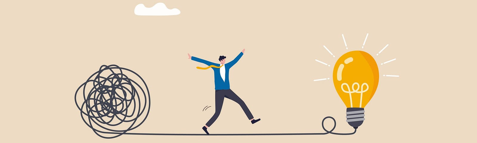 Graphic of a business man walking on a tightrope, away from a tangled string and towards a shining lightbulb.