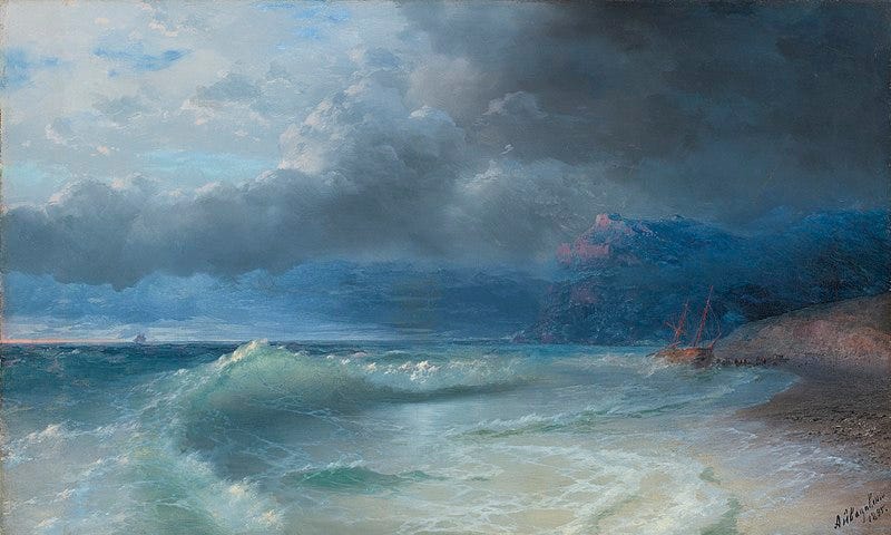 A painting of a seashore after a storm with a shipwreck in the distance.