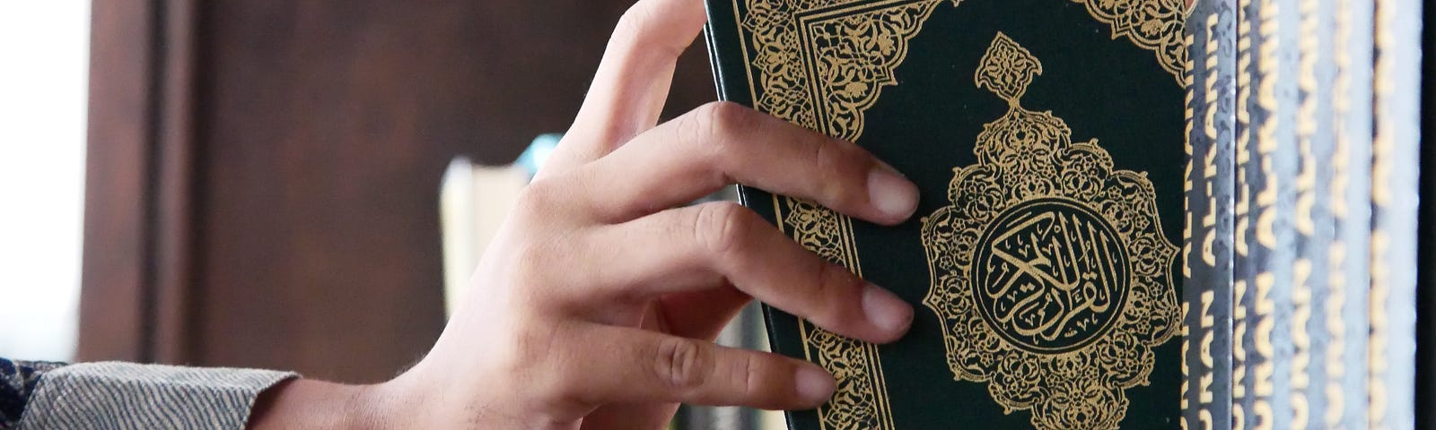 An image of somebody returning a copy of the Quran to a row of books.