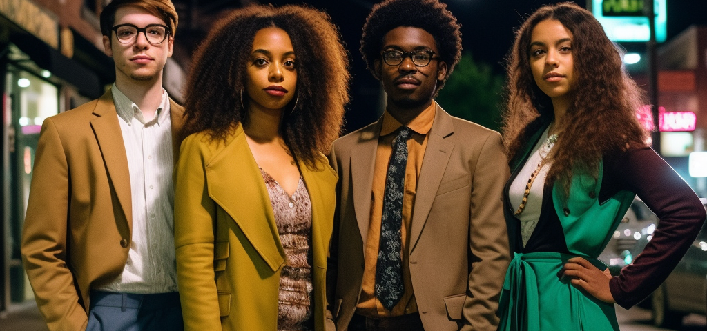 Four young people dressed for a night on the town standing on a city sidewalk at night.