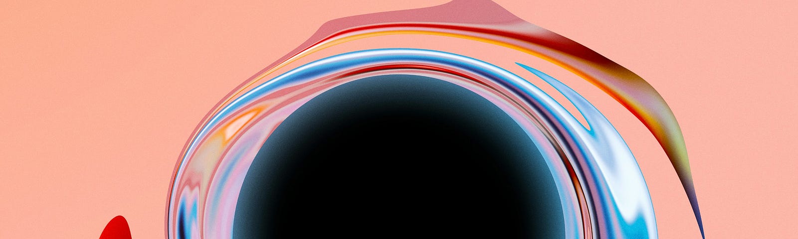 A spiraling swirl of colors (shades of blue and red) wrapping around — in a clockwise fashion — a black circle, all against a palish pink background.