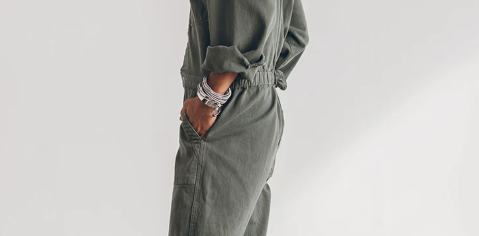 Media from madepants.com - green women’s relaxed fit button front jumpsuit