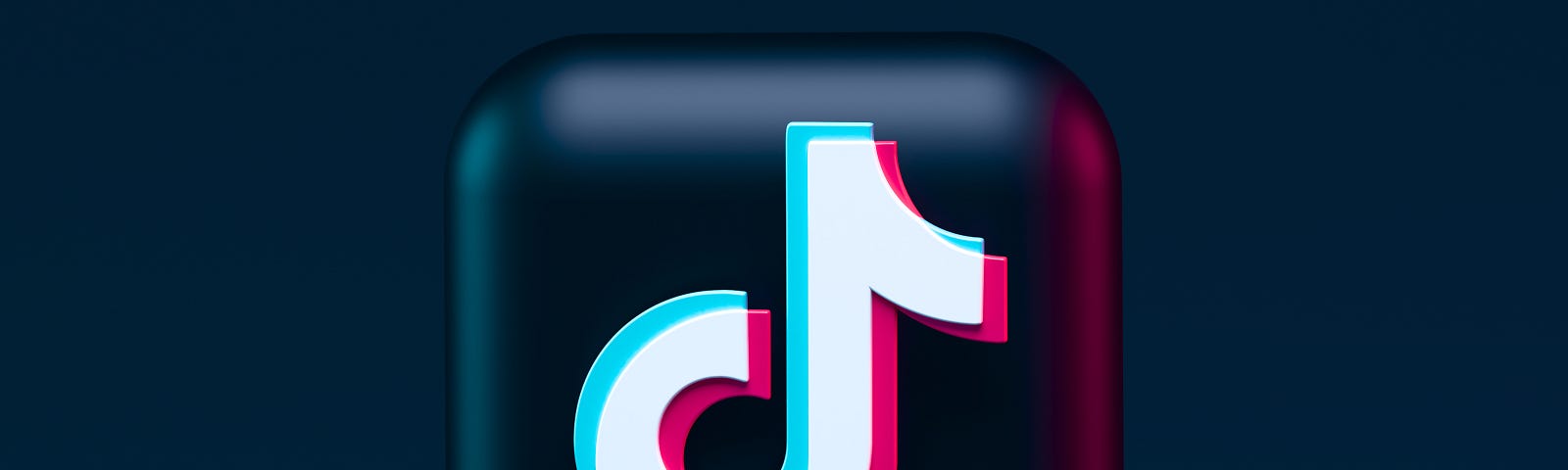 A 3D render of the TikTok logo and black button icon on a dark blue background