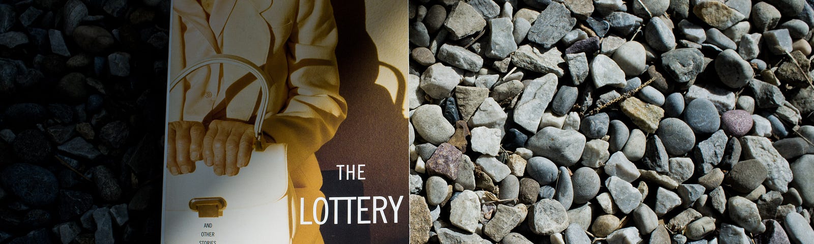 Shirley Jackson book, The Lottery and Other Stories, sitting on a bed of stones.