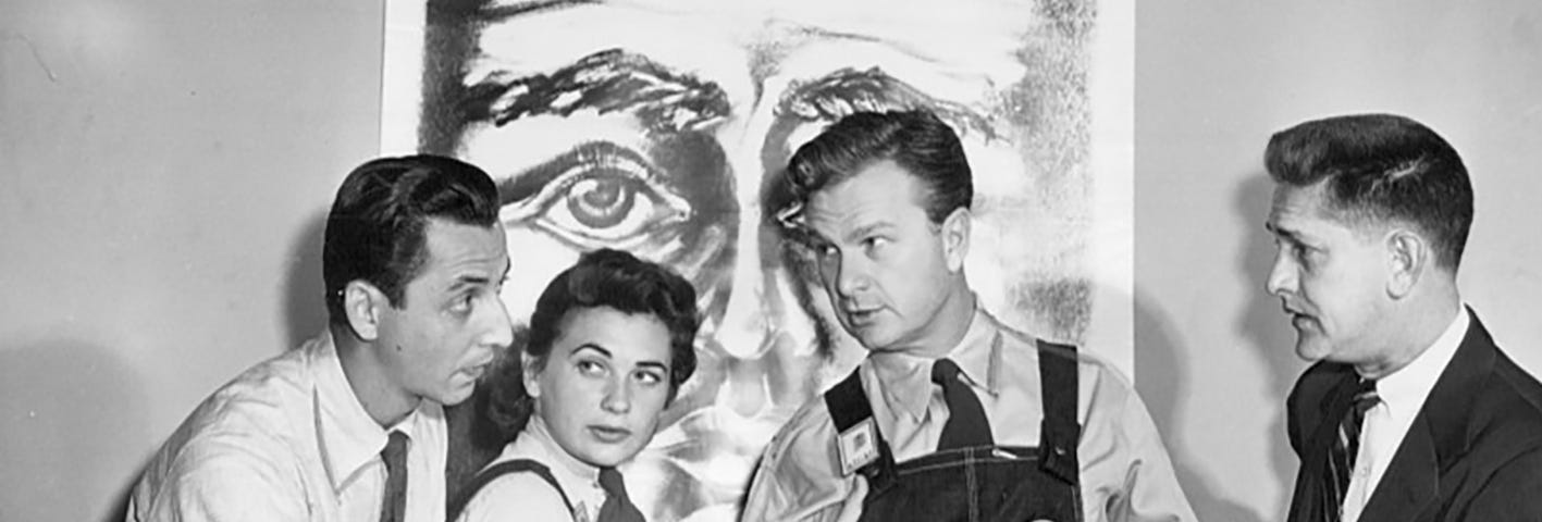 Actors Eddie Albert and Norma Crane, with director Paul Nickell and designer Kim Swados, publicise CBS’s 1953 TV play of 1984