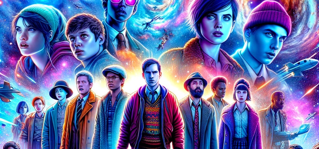 Movie poster featuring a diverse team of misfits stepping through a portal into a colorful, surreal multiverse landscape, symbolizing a journey through time and space.