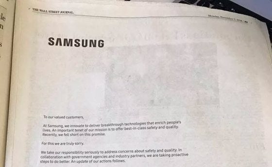 Samsung publica una disculpa en los principales diarios de EE.UU por los evento del Galaxy Note 7