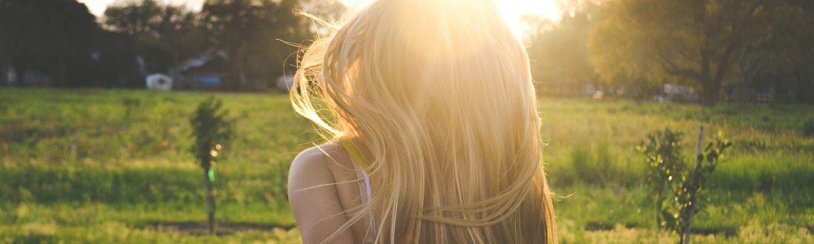 a pretty blond in a field, we see her from behind, her hair in the sunlight