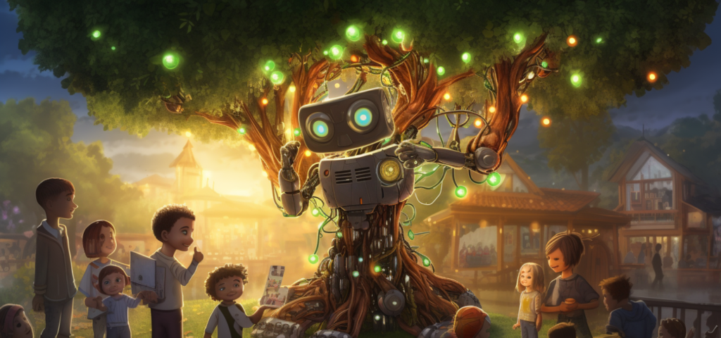 A whimsical AI robot teaching a diverse group of K-6 children under a tree made of circuits and code.