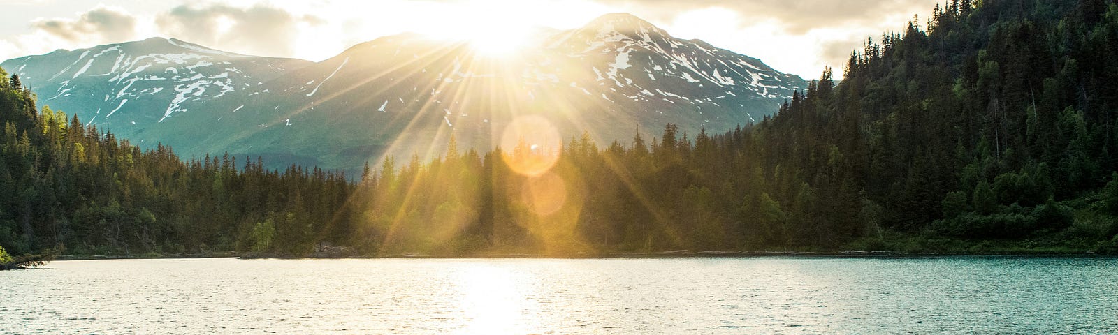 Sun shining from behind a mountain in the background with densely packed trees in the middleground and a lake in the foreground