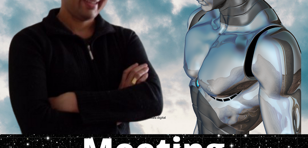 Warren poses next to Warren the Robot, image created in Canva