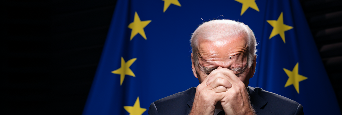 Joe Biden with his hands in is hair in front of an EU flag