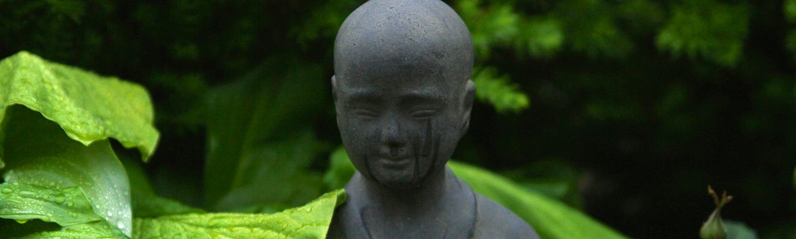 A monk statue sitting among green leaves.
