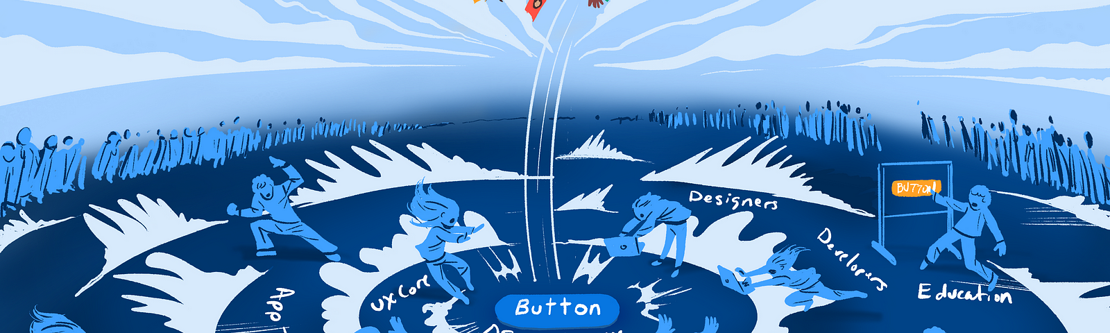An illustration representing the chaotic impact of changing a button caused by a lack of communication