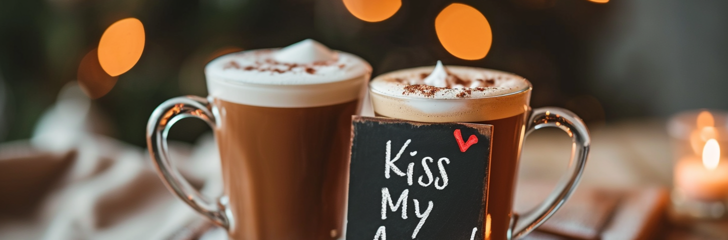 A photo of the text “ Kiss My Arse!” written with chalk on a wooden board, two frothy winter beverages. AI Image. Midjourney v6