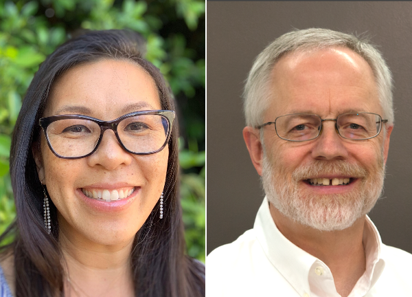 Headshot photos of Dr. Anna Lau on the left and Dr. Gregory Miller on the right. Both are smiling with teeth showing and wearing glasses.