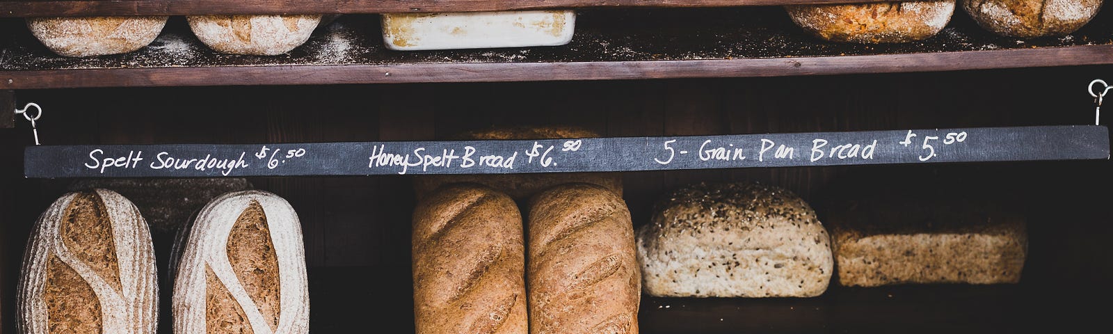 A scene of breads on shelves of a bakery