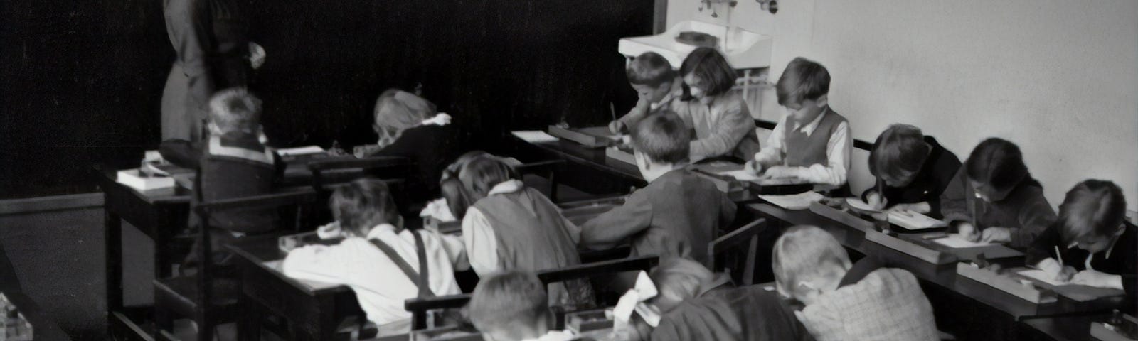 A group of school children busy at work.