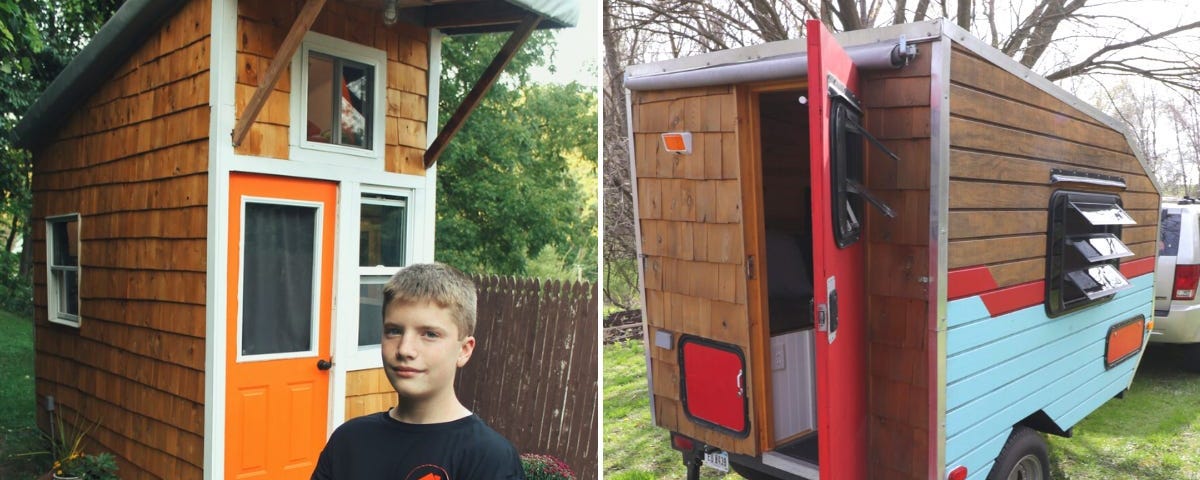 Luke Thill stands in front of the tiny house at age 13.