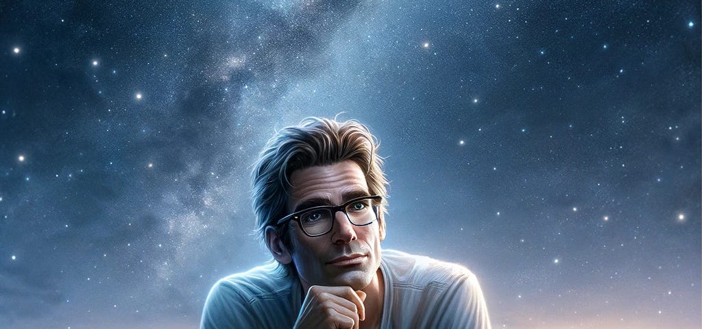 Detailed image of a thoughtful man with brown hair and glasses sitting under a starlit sky, contemplating the mysteries of the afterlife. The night scene is serene with a prominent shooting star, symbolizing the man’s introspection about life beyond death.