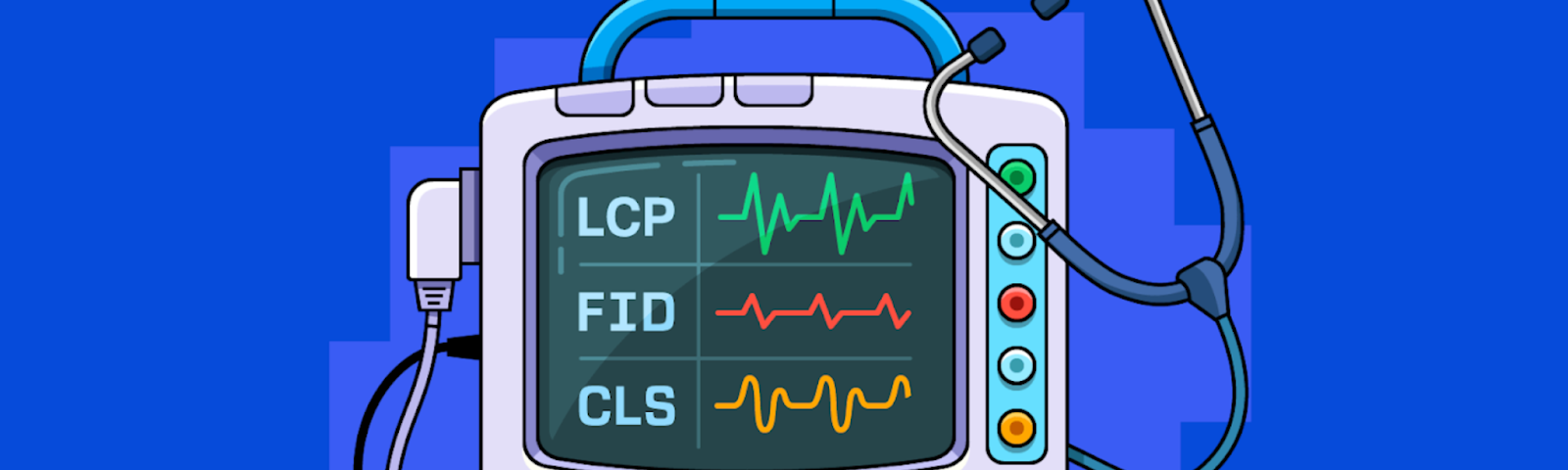 Ilustração de uma máquina de batimentos cardíacos ao lado de um estetoscópio, porém mostrando as linhas de medição de LCP, FID e CLS