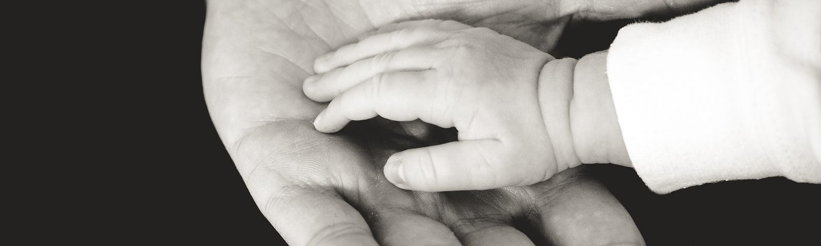 a little daughter’s hand reaches out to dad’s hand