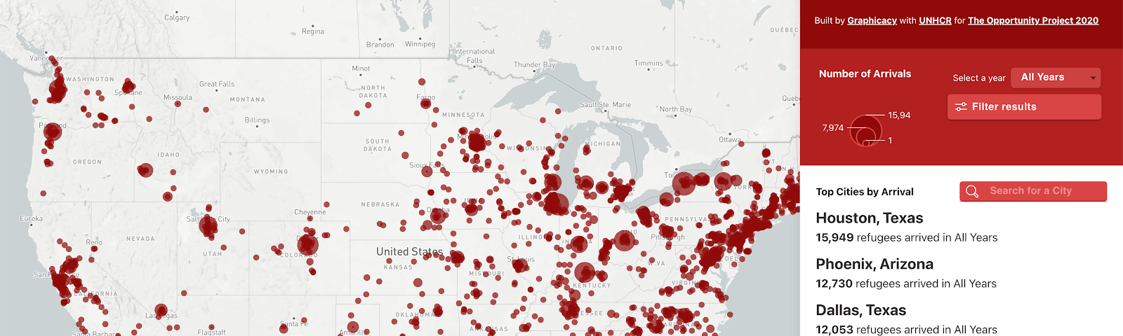 A map view of the last decade of refugee resettlements across the United States from the State Department’s WRAPSNET dataset.