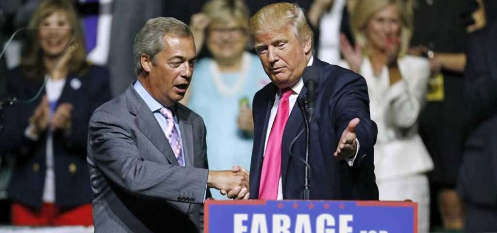 Nigel Farage shaking Donald Trump’s hand at an election rally. The photo has been changed so that the lectern reads Farage for Clacton rather than Trump Pence.