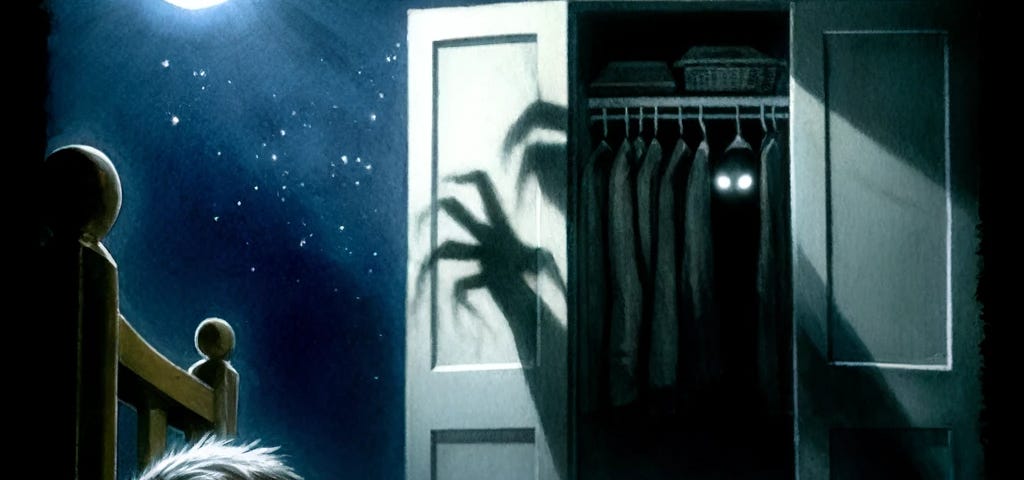 A boy lies awake in his bed under a moonlit sky, eyes wide with fear as a shadowy figure with glowing eyes and spider-like fingers emerges from beneath, creating an atmosphere of pure terror.