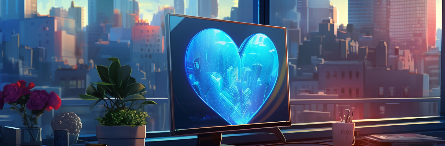 A monitor on a desk showing a blue heart
