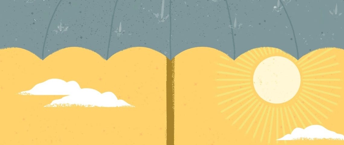 Illustration of an umbrella blocking rain and a sunny scene beyond. Image by Alyson Youngblood/RAND Corporation