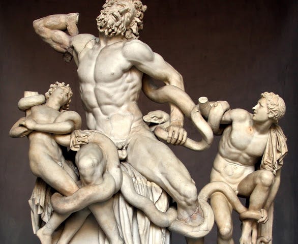 Vatican’s sculpture ‘Laocoont and his Sons’. A father tries in vain to save sons from a killing serpent, then dies with them.