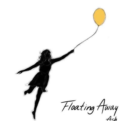 Ash “Floating Away” single cover art; black silouhette of a woman on left holding onto a yellow balloon floating to the top right, single and artist name at bottom right