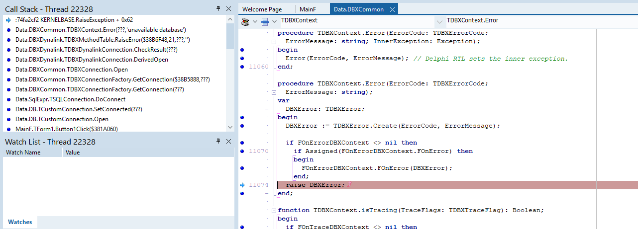 screenshot of a debugger breakpoint showing where and how the prior database exception was raised