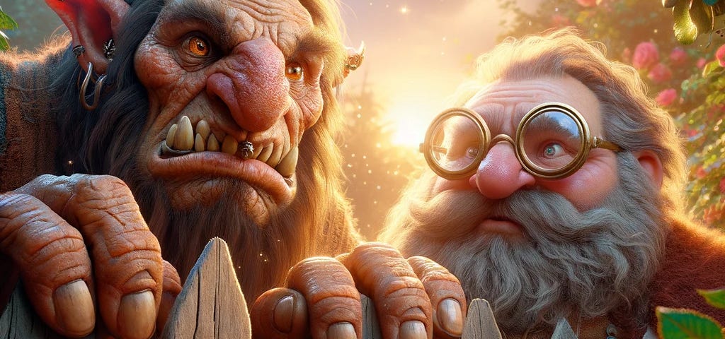 Fantasy scene with a troll and dwarf in a garden, discussing over a fence under magical sunlight, in vivid, detailed realism.