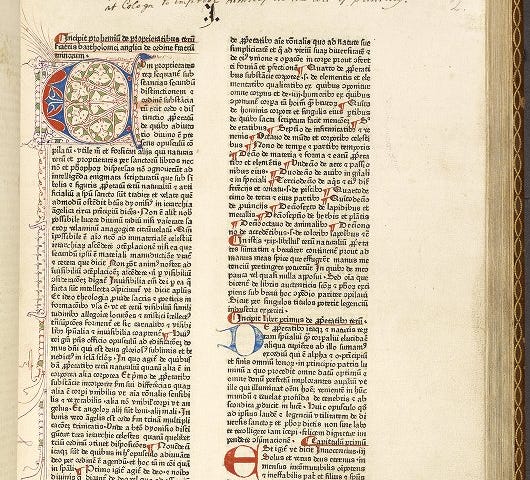 A page from De proprietatibus rerum. The text is in Latin and is printed in two columns. There is an illuminated initial at the start of the text and illumination in the left hand margin. There are handwritten notes in English at the top of the page.