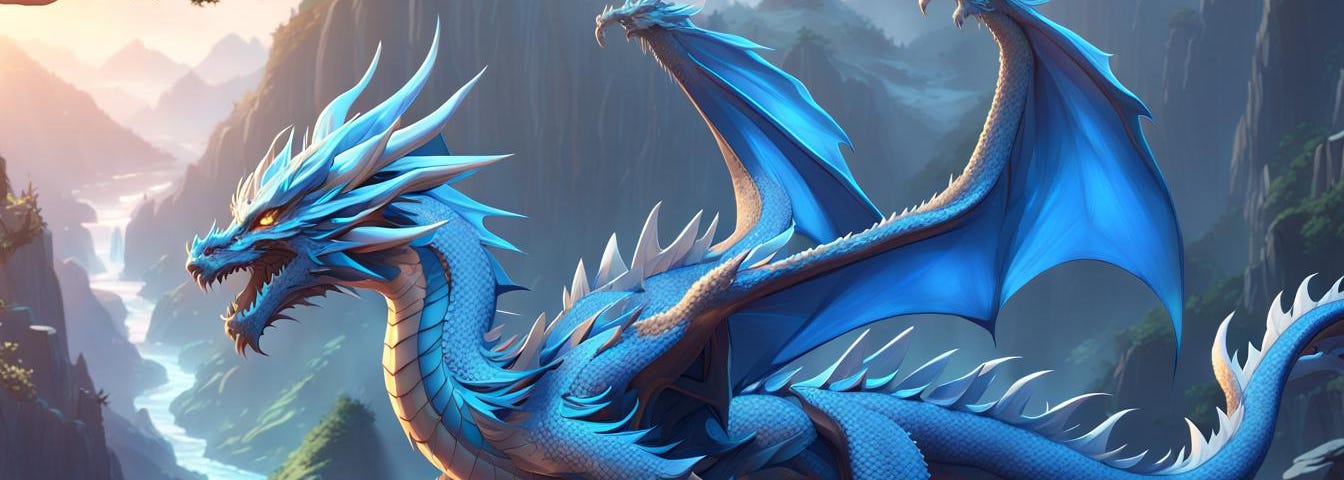 A mighty blue dragon perched on a cliff.