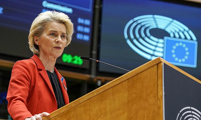 European Commission President Ursula Von Der Leyen speaking at the informal summit in Versailles about responses to Russian invasion of Ukraine