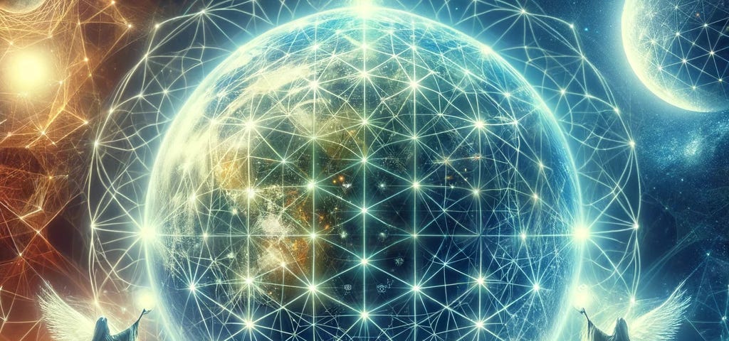 A surreal image of Earth as a glowing sphere with interconnected E8 lattice patterns. Ethereal figures, depicted as witches of Earth, cast spells of light, healing, and harmony around the sphere, symbolizing interconnectedness and sustainability. The background shows both day and night, representing the continuous loop of time.