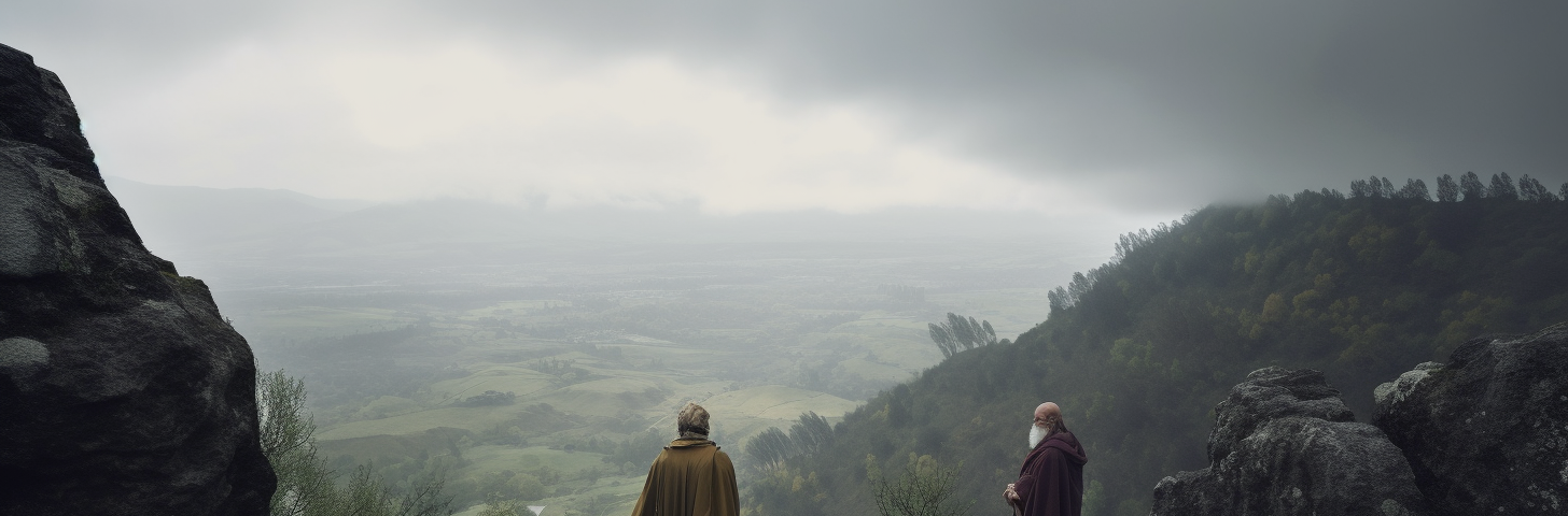 One wizard and one human outside of a cave, on the mountains, looking the valley in the distance