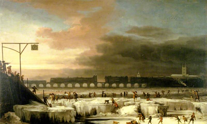 Paiting by Abraham Hondius depicting groups of people and several animals on the frozen Thames