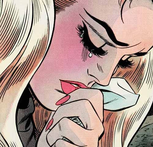 Comic book art of a beautiful woman crying.