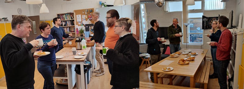 Two photos showing groups of adults standing around an office kitchen chatting and eating pastries