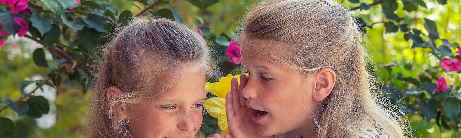 A young girl whispers a secret into another girl’s ear.