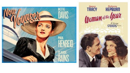 Promotional images from two films: Now, Voyager and Woman of the Year.